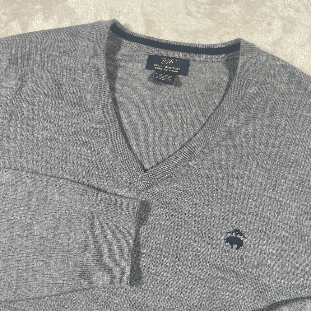 Brooks Brothers 346 Sweater Mens Large V Neck Merino Wool Stretch Pullover gray